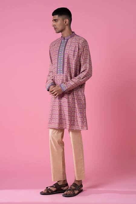 Siddhartha Bansal Purple Chanderi Printed Geometric Kurta Set  