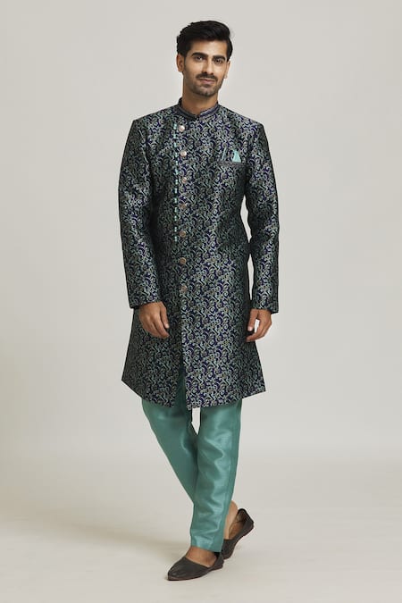 Adara Khan Blue Sherwani Banarasi Jacquard Woven Swirl Pattern With Pant