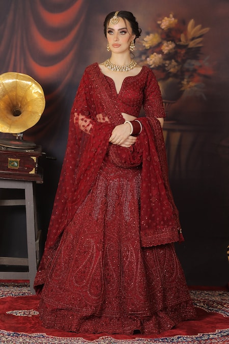 mehar Maroon Net Embroidery Floral Notched Paisley Bridal Lehenga Set  