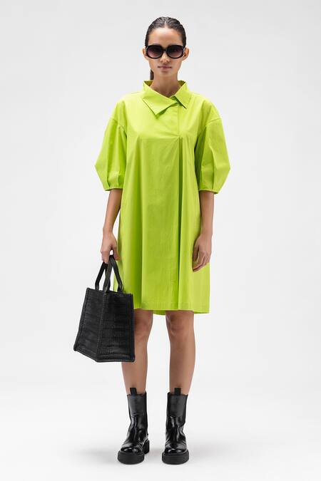 Buy Genes Lecoanet Hemant Green Cotton Embroidery Asymmetric Collar A-line Dress at Aza Fashions Buy_Genes Lecoanet Hemant_Green Cotton Embroidery Asymmetric Collar A-line Dress_at_Aza_Fashions