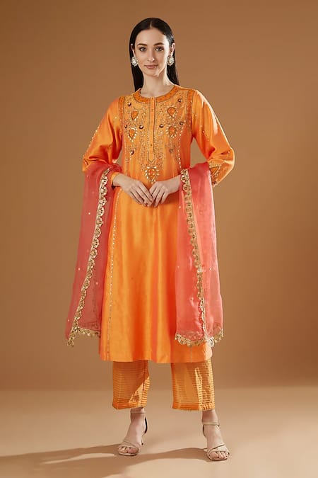 OMI Orange Silk, Chanderi Embroidery, Sequins V-neck Hand Flare Kurta Set 