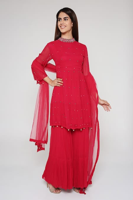 Bha Sha Pink Georgette, Net Sequins, Beads High Neck Aza Embroidered Tunic Sharara Set 