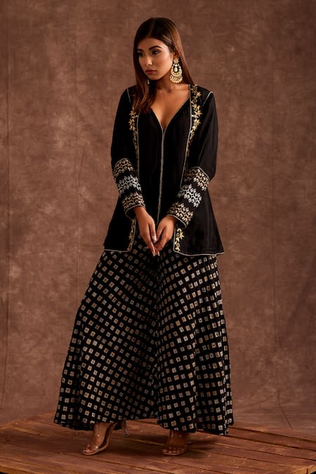 The Home Affair Handblock Print Jacket Sharara Set 