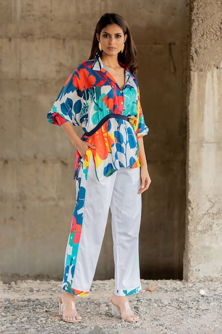 Pooja-Keyur Blue Shirt Satin Bomber Print Paradise Collared Neck With Pant 