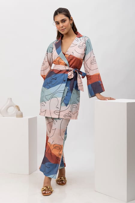 Dawn And Dusk Multi Color Cotton Printed Face Blazer  Lapel Collar Gradient Frost Set 