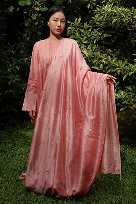 Baju Pink Chanderi Cotton Silk Hand Printed And Hand Embroidered Saree