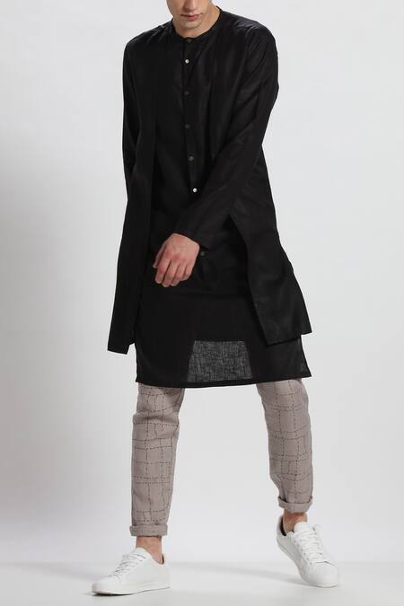 Son Of A Noble Snob Black Linen Layered Kurta