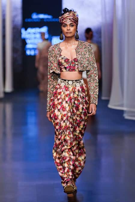 Anand Kabra Multi Color Dupion And Tulle Print & Cropped Jacket & Dhoti Pant Set 