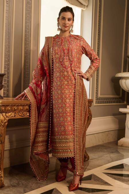 Buy Tarun Tahiliani Red Dupion And Sheer Print & Embroidery Islamic Straight Kurta Set at Aza Fashions Buy_Tarun Tahiliani_Red Dupion And Sheer Print & Embroidery Islamic Straight Kurta Set_at_Aza_Fashions