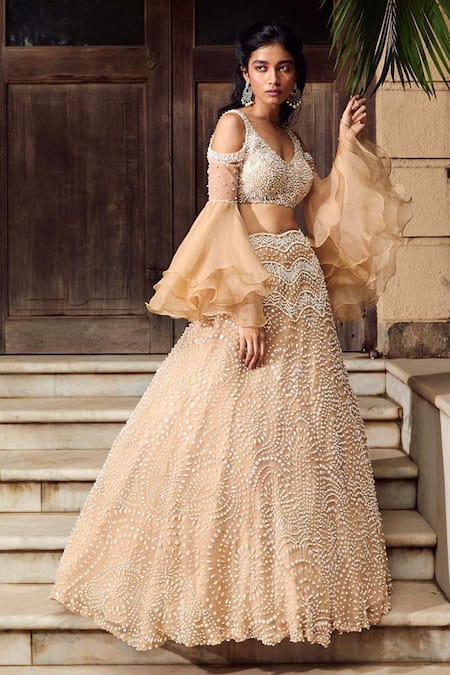 Nadine Dhody - Beige Tulle Pia Pearl Embroidered Lehenga And Blouse Set