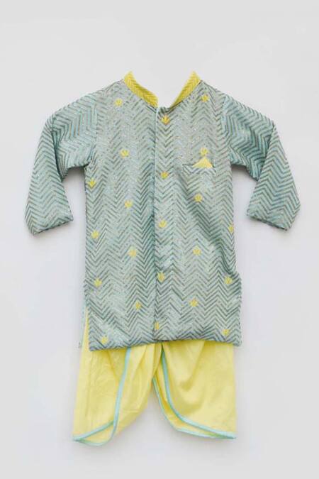 Fayon Kids Blue Georgette, , Satin, Chevron Pattern Kurta And Dhoti Pant Set