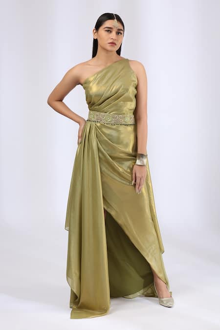 Neha Gursahani Green Foil Georgette Asymmetric Pre Draped Saree Gown 