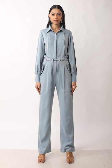 Veera Wear Blue Crepe Plain Collared Neck Skyfall Front Tie Up Jumpsuit 