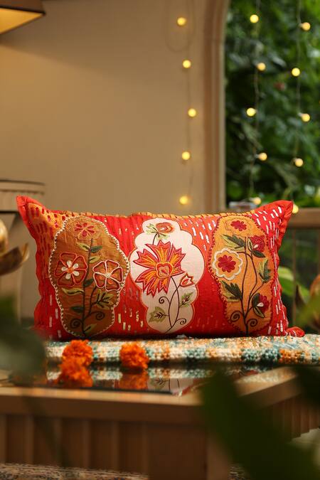 Amoliconcepts Red Polyester Embroidery Sequin Cushion Cover