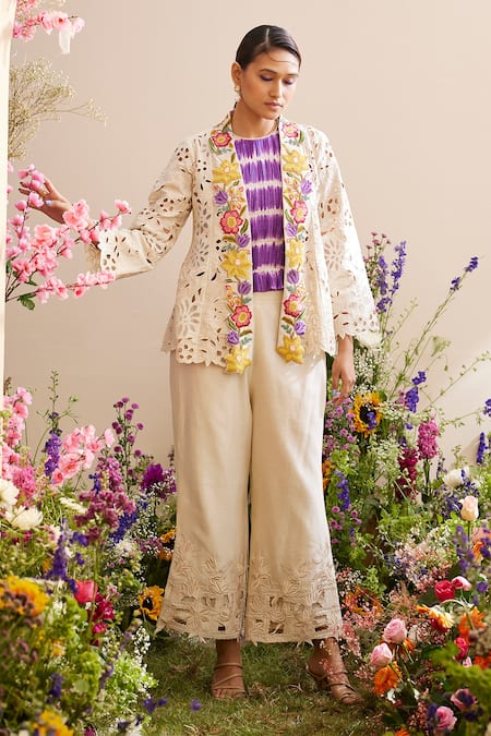 Chandrima Ivory Chanderi Embroidery Bead And Thread Collared Neck Jacket 