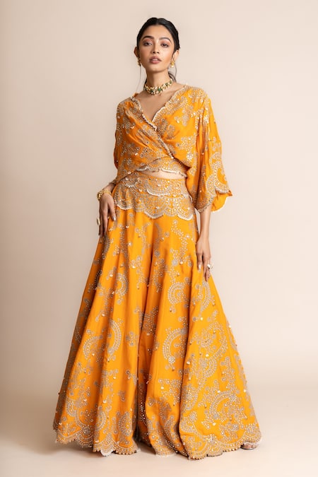 Nupur Kanoi Orange Crepe Hand Embroidery Mirror Work V Neck Kaftan With Sharara 