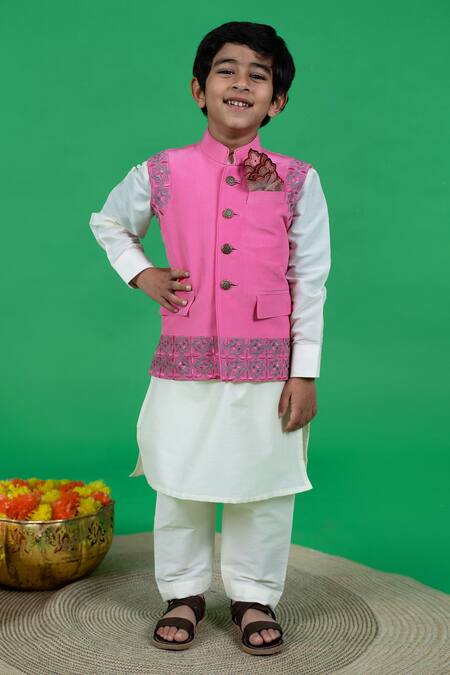 Little Boys Closet Pink Crepe, , Satin Embroidery Resham Bundi Kurta Set 