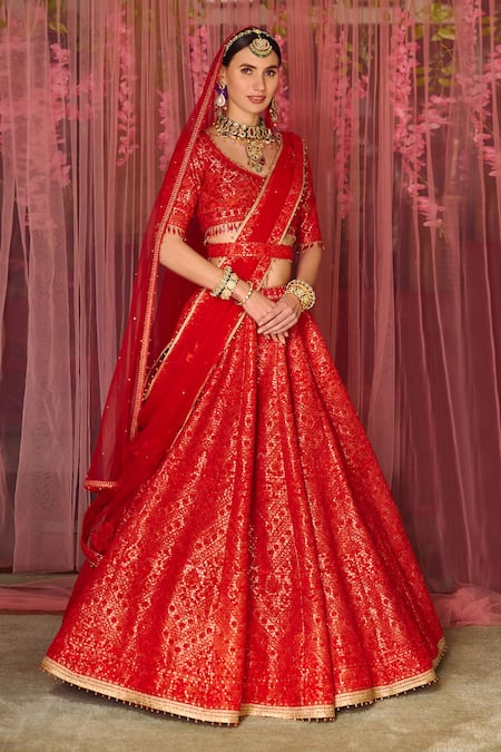 Red Bridal Heavy Embroidered Lehenga with thread work – Mongas