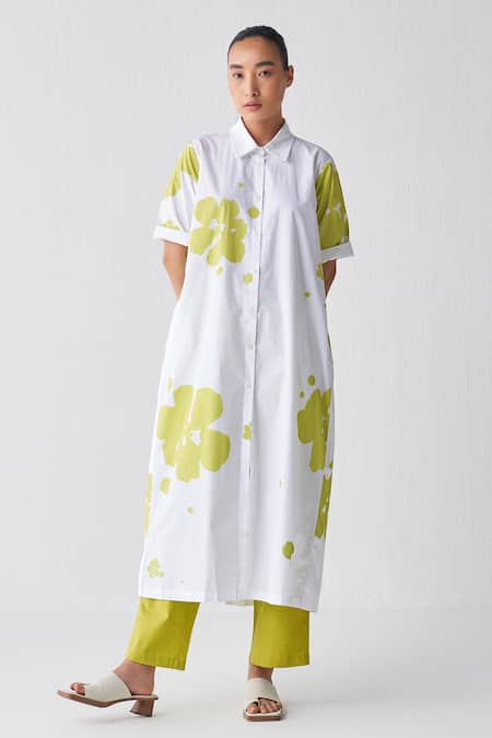 Three Green Poplin Floral Shirt Collar Pattern Kurta And Pant Set 