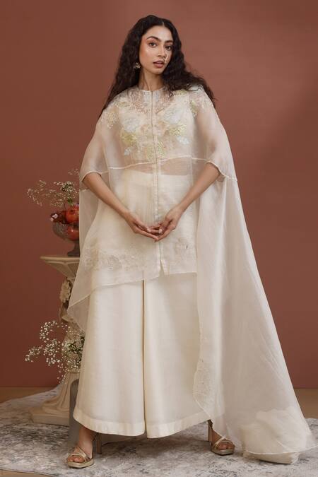 Neha Poddar Ivory Cape Organza Embroidery And Embellished 3d Floral & Wide Leg Pant Set