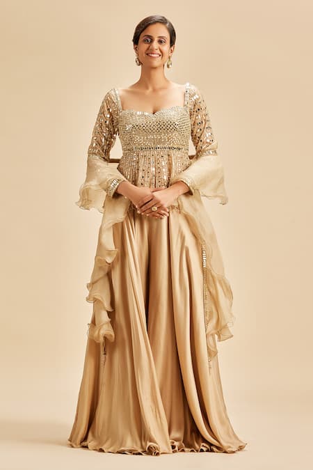 Nitika Gujral Gold Sharara Satin Embroidery Beads Sweetheart Neck Mirror Work Peplum Top Set 