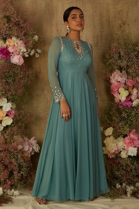 RIA SHAH LABEL Blue Georgette Embroidered Sequin Keyhole Embellished Fit And Flare Anarkali 