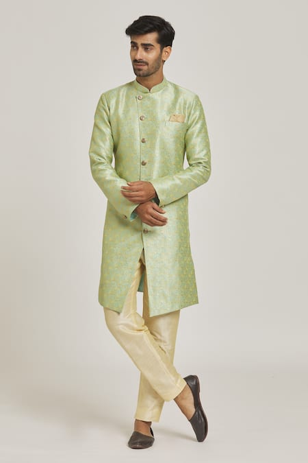 Adara Khan Green Sherwani Banarasi Jacquard Floral Pattern Overlap And Metallic Pant Set