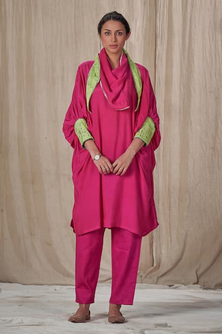 AFFROZ Muslin Silk Kimono Kurta With Pant 