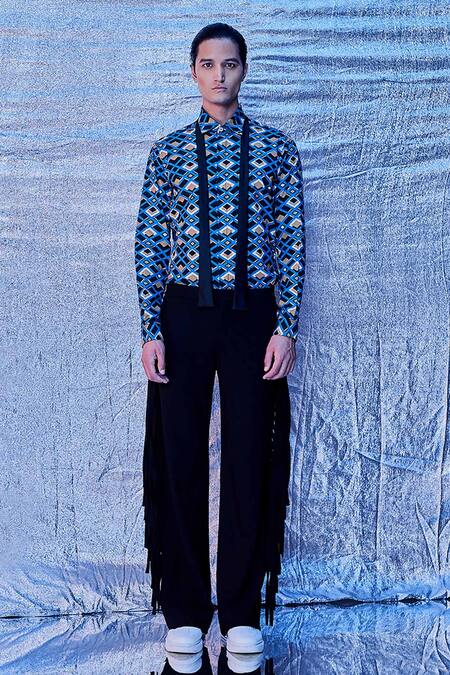 Shop_Line Out Line_Blue Cotton Poplin Print Chevron Geo Full Sleeve Shirt_Online_at_Aza_Fashions