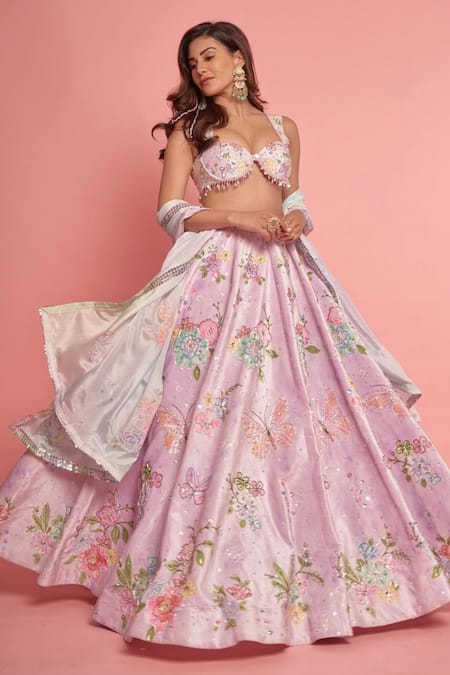 LASHKARAA Purple Velvet Embroidery Beads Sweetheart Neck Peony And Butterflies Lehenga Set 