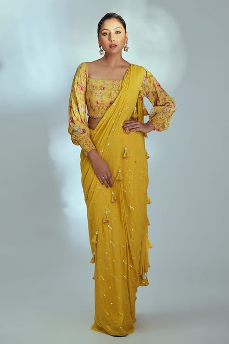 Suruchi Parakh Yellow Crepe Printed Floral Mirror Embroidered Pre-draped Saree With Blouse 