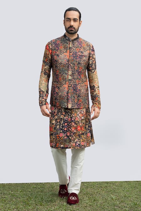 Kaka Calcutta Black Bamboo, Cotton, Silk Mirrors, Floral Print Kurta And Pyjama Pant Set 