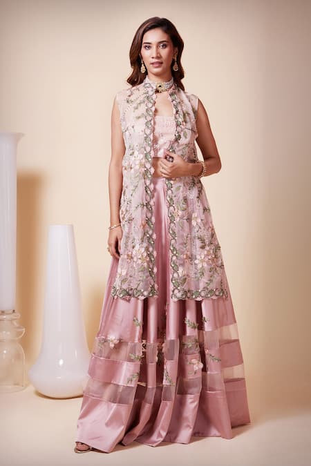 Saaj By Ankita Pink Satin, Silk Organza Embroidery, Sequins V-neck Floral Cape Lehenga Set 