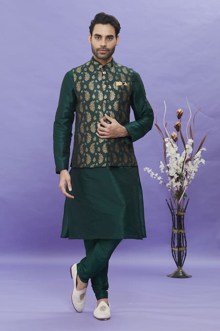 Arihant Rai Sinha Green Bundi Jacquard Banarasi Silk Floral Pattern And Kurta Set
