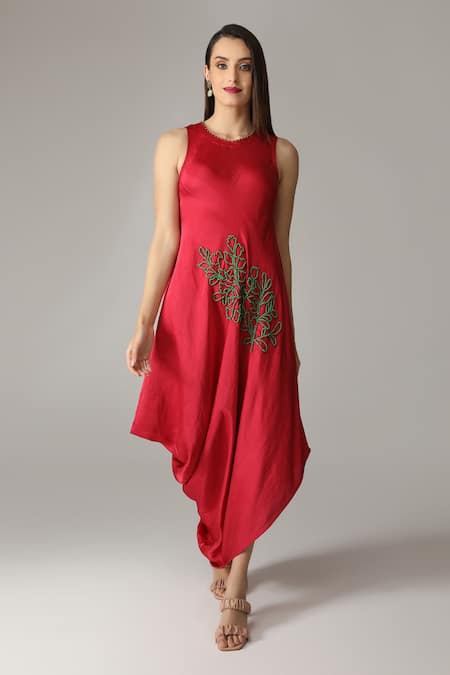 ANEEHKA Red Viscose Cotton Satin Hand Embroidered Bead Work Cowl Draped Dress 