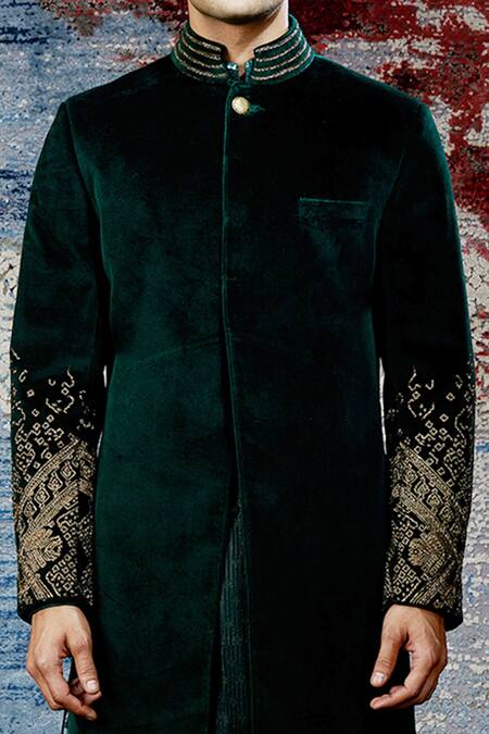 Buy_Shantnu Nikhil_Green Sherwani Velvet With Kurta _Online_at_Aza_Fashions