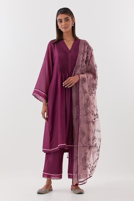 Amisha Kothari Wine Chanderi , Organza Embroidery Baghban Pintuck Bodice Kurta Set 