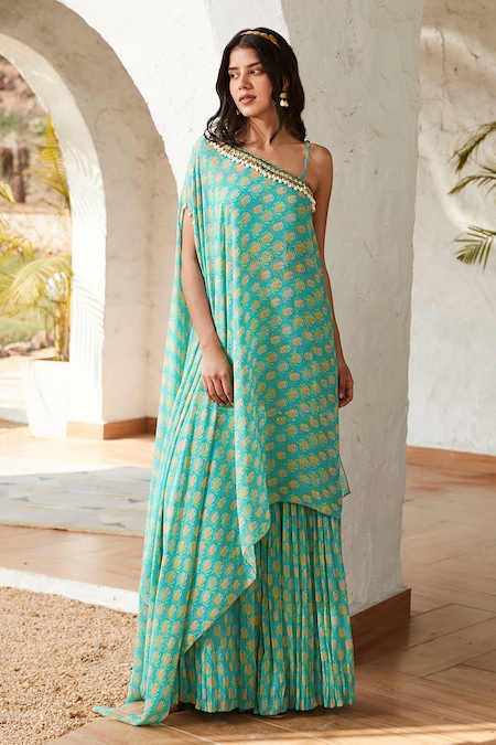 Basanti - Kapde Aur Koffee Blue Georgette Mirrors Asymmetric Tulip Bloom Print Tunic With Sharara 