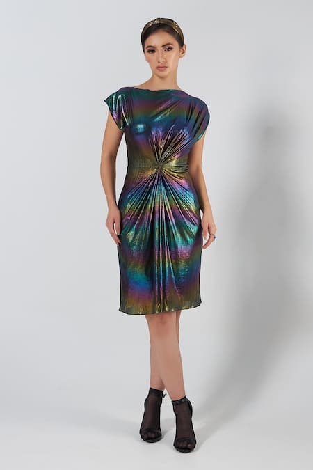 Cham Cham Multi Color Stretch Knit Foil Solid Straight Metallic Holographic Draped Dress 