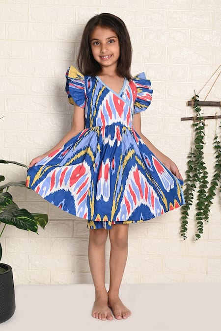 THE COTTON STAPLE Blue Cotton Tassels Twister Flared Sleeve Dress 