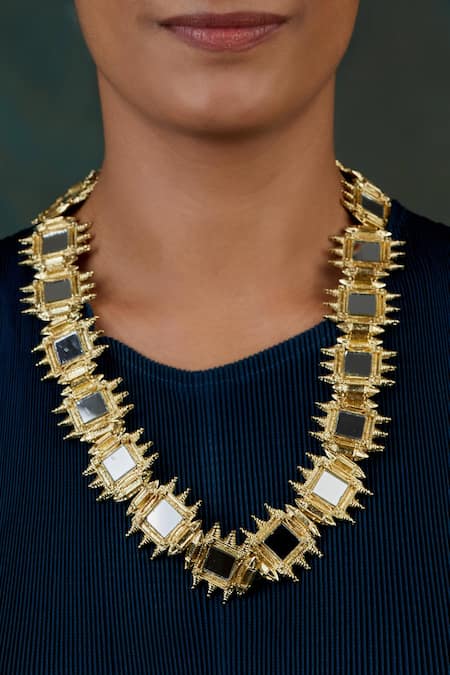 House Of Tuhina Gold Plated Mirror Studded Fort Long Necklace 