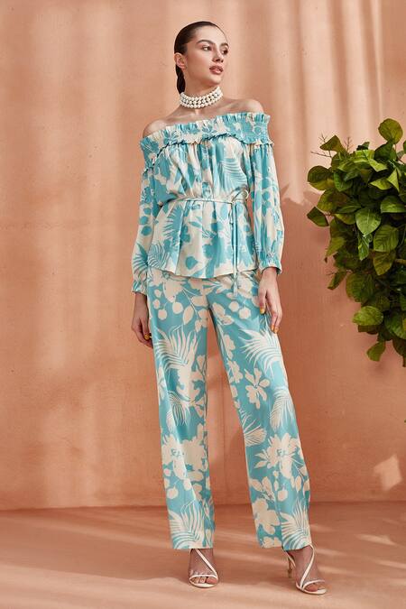 Label Deepika Nagpal Blue Silk Satin Embroidery Off-shoulder Florence Off Frill Top