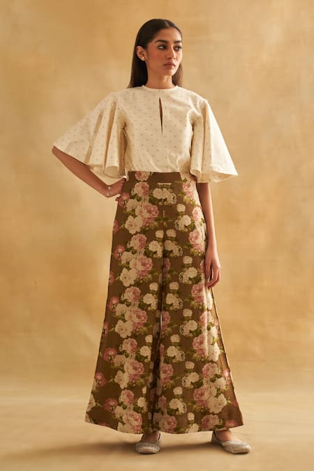 Taisha Multi Color Georgette, Silk Round Neck Floral Print Pant With Woven Top 