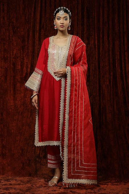 Shikhar Sharma Red Silk Chanderi Embroidered Pearl Leaf Neck Kurta Pant Set