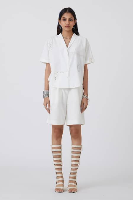 The Summer House White Handloom Cotton Embroidery Floral Cuban Collar Kati Shirt  