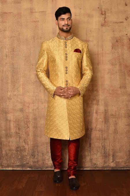 Aryavir Malhotra Gold Art Silk Floral Embroidered Sherwani Set