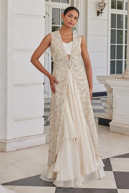Charu and Vasundhara Ivory Bustier Silk Embroidery Thread V Neck Surraya Leaf Jacket And Skirt Set