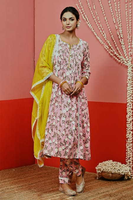 Myaara Rose Hand Block Print Kurta Pant Set 