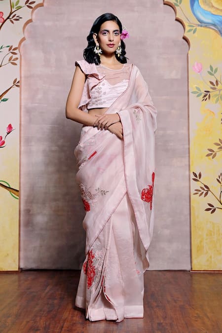 Shilpi Gupta Pink Organza Embroidery Resham Thread Work Round Saree With Blouse  