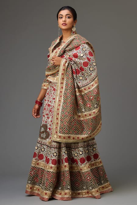KORA Silk Chanderi Hand Block Print Choli Lehenga Set 
